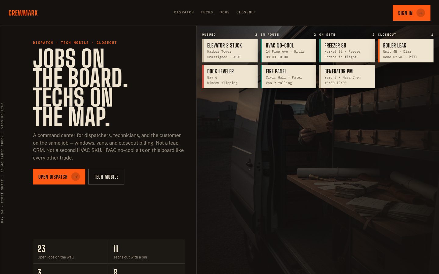 Screenshot of Crewmark, field dispatch software