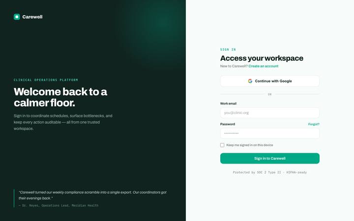 Carewell login page