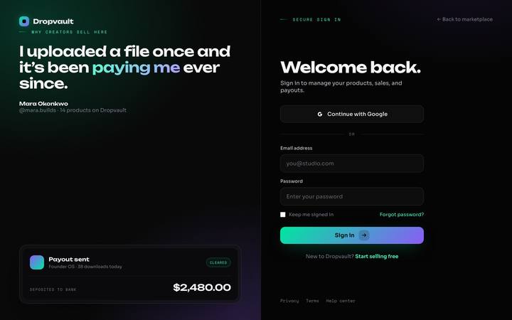 Dropvault login page
