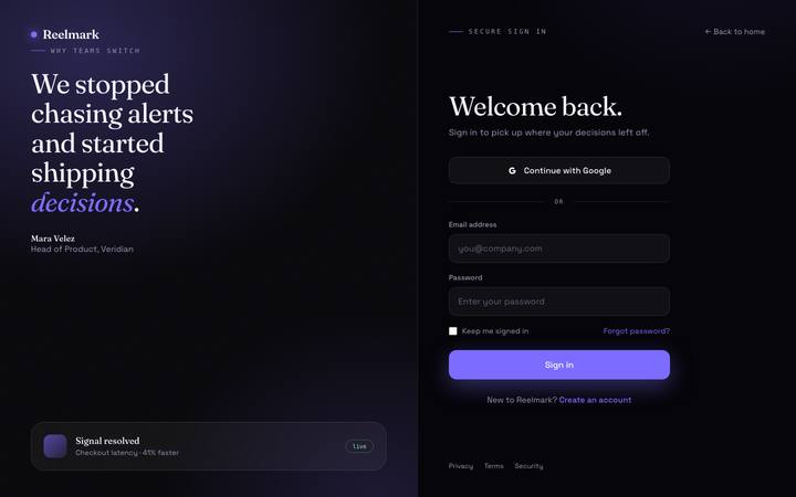 Reelmark login page